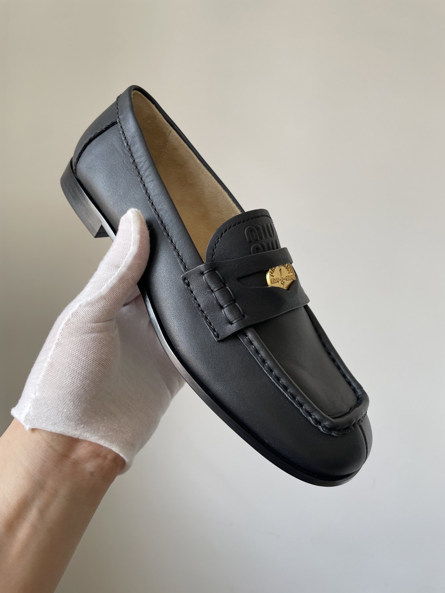 Miu Miu Calfskin Round Toe Slip-On Flat Loafers Women Black - Image 3