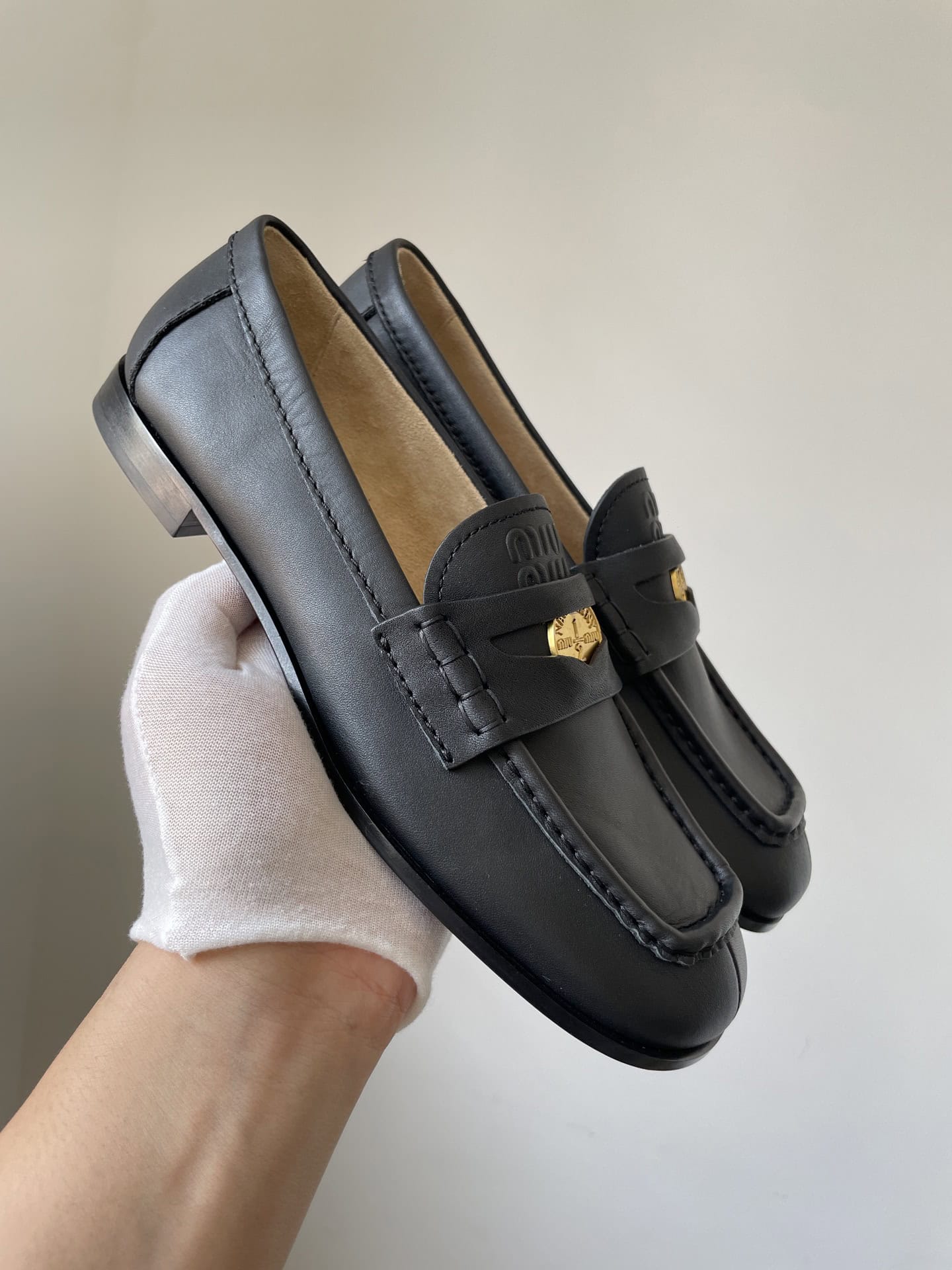 Miu Miu Calfskin Round Toe Slip-On Flat Loafers Women Black - Image 5