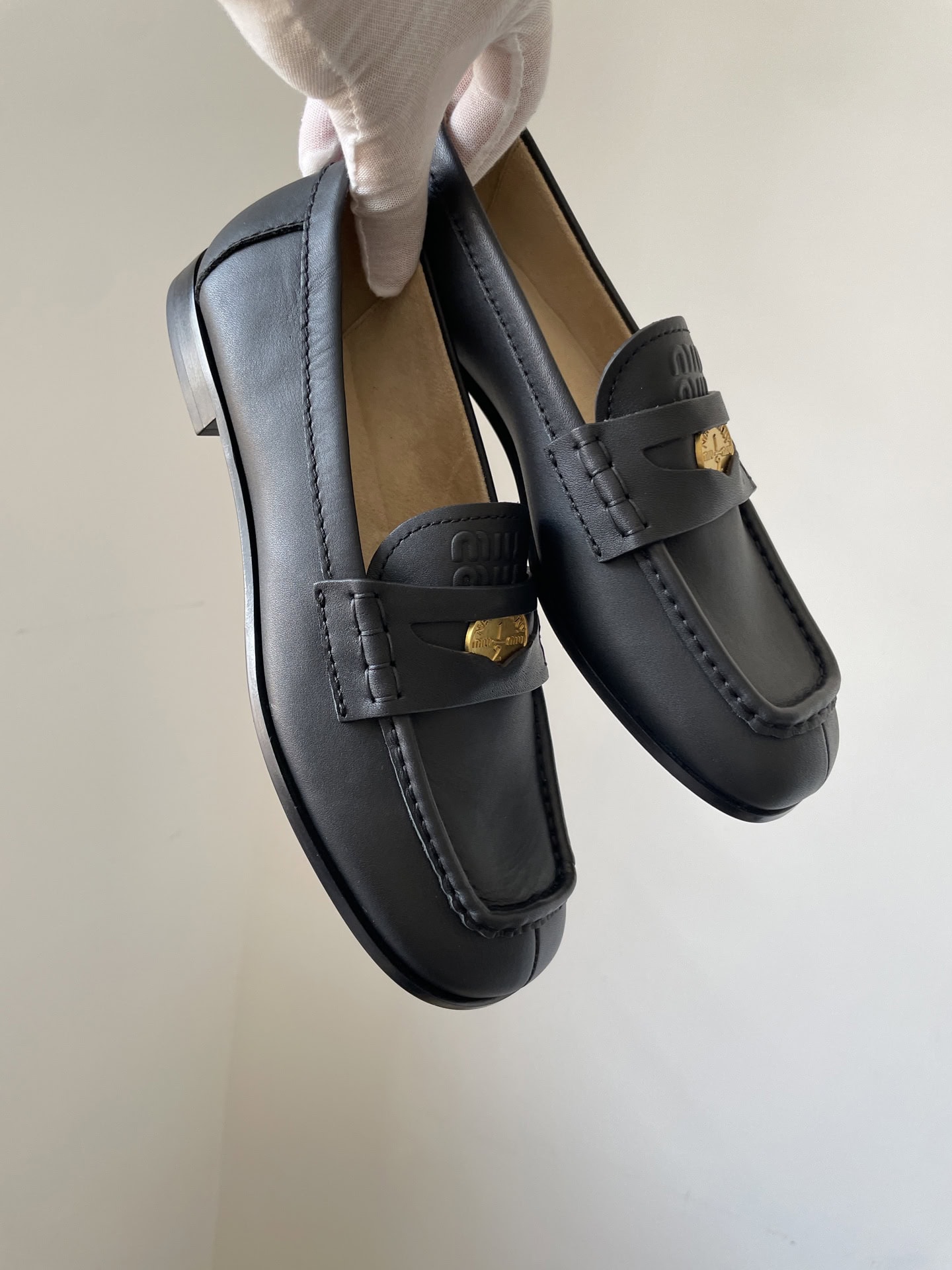 Miu Miu Calfskin Round Toe Slip-On Flat Loafers Women Black - Image 7