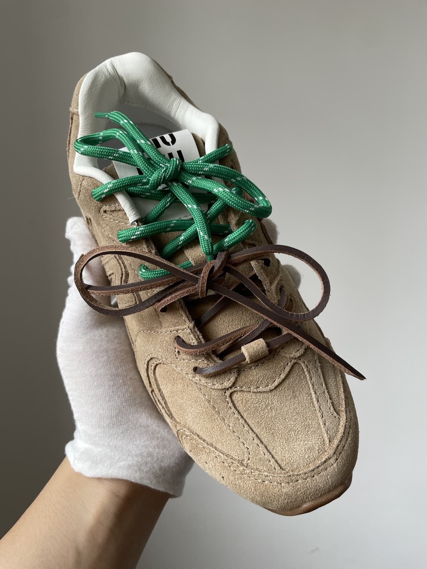 New Balance x Miu Miu NB 530 SL Qixi Edition Leather Lace-Up Trainers Women Taupe - Image 4