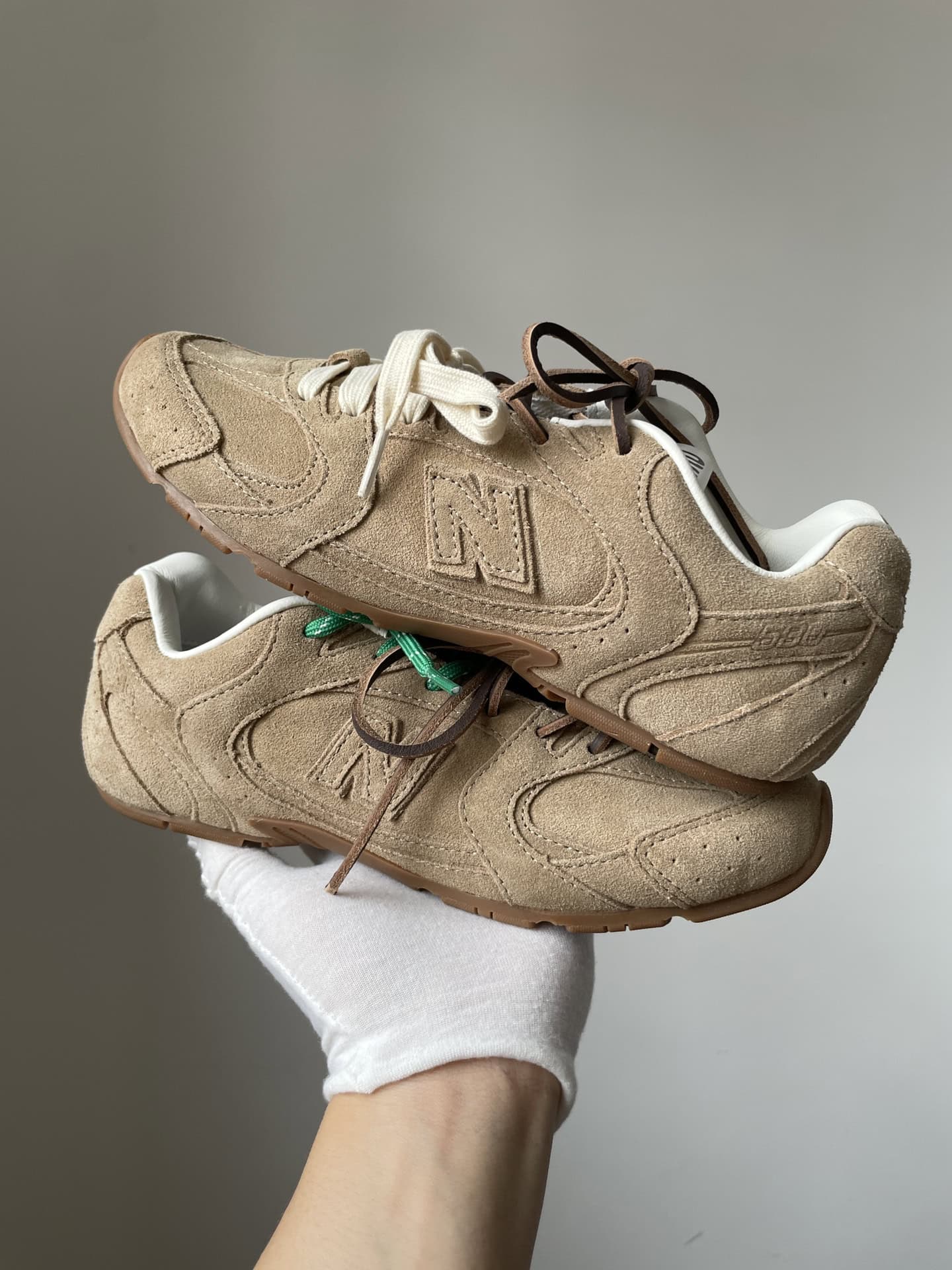 New Balance x Miu Miu NB 530 SL Qixi Edition Leather Lace-Up Trainers Women Taupe - Image 5