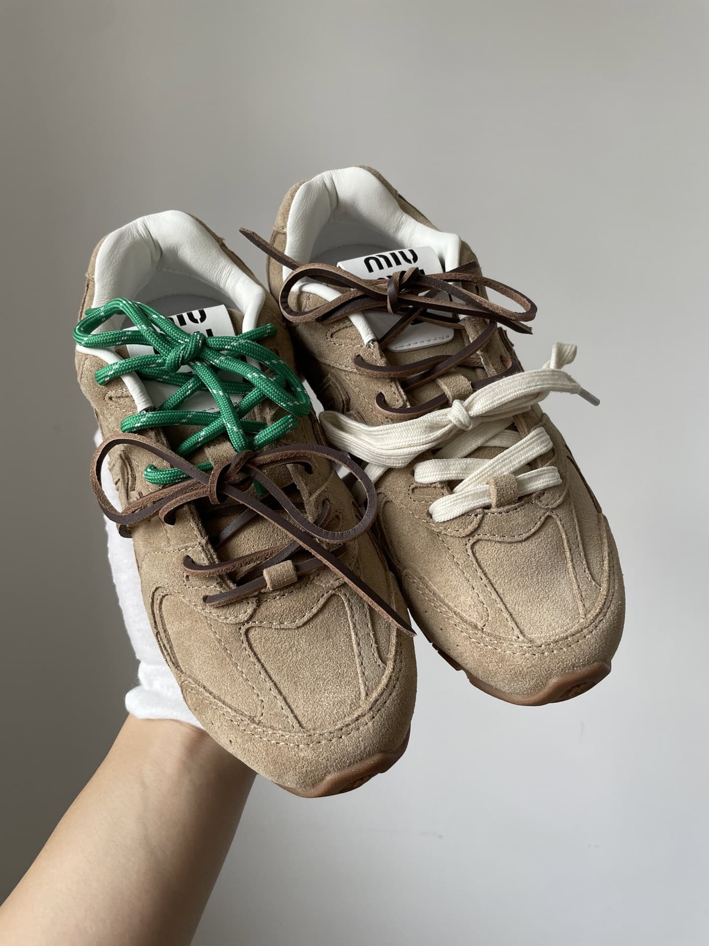 New Balance x Miu Miu NB 530 SL Qixi Edition Leather Lace-Up Trainers Women Taupe - Image 6