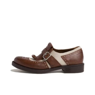 Miu Miu Leather Round Toe Buckle Dress Shoes Women Brown Gray