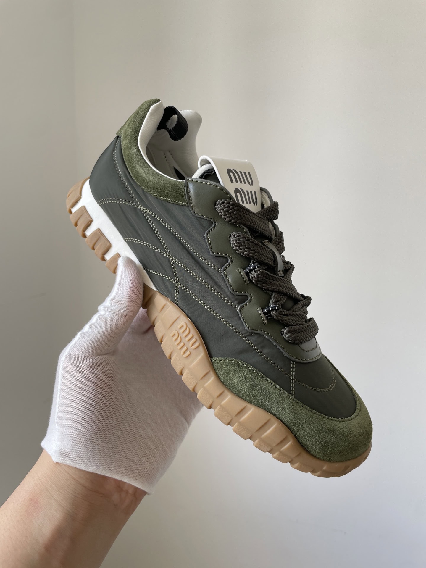 Miu Miu Tyre Fabric Suede Lace-Up Trainers Women Army Green - Image 2