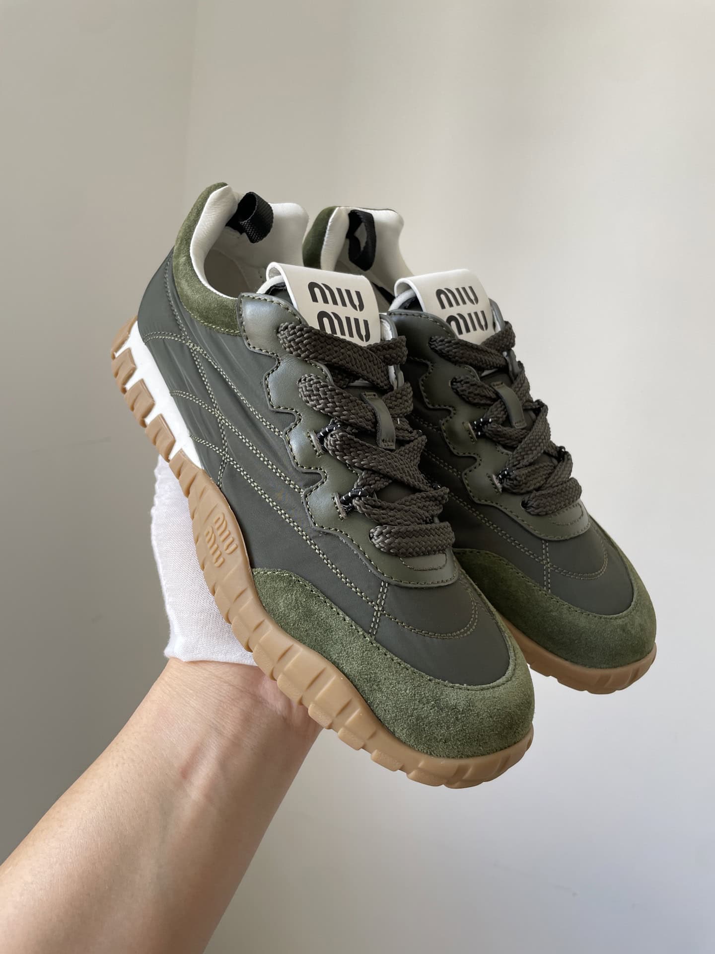 Miu Miu Tyre Fabric Suede Lace-Up Trainers Women Army Green - Image 3
