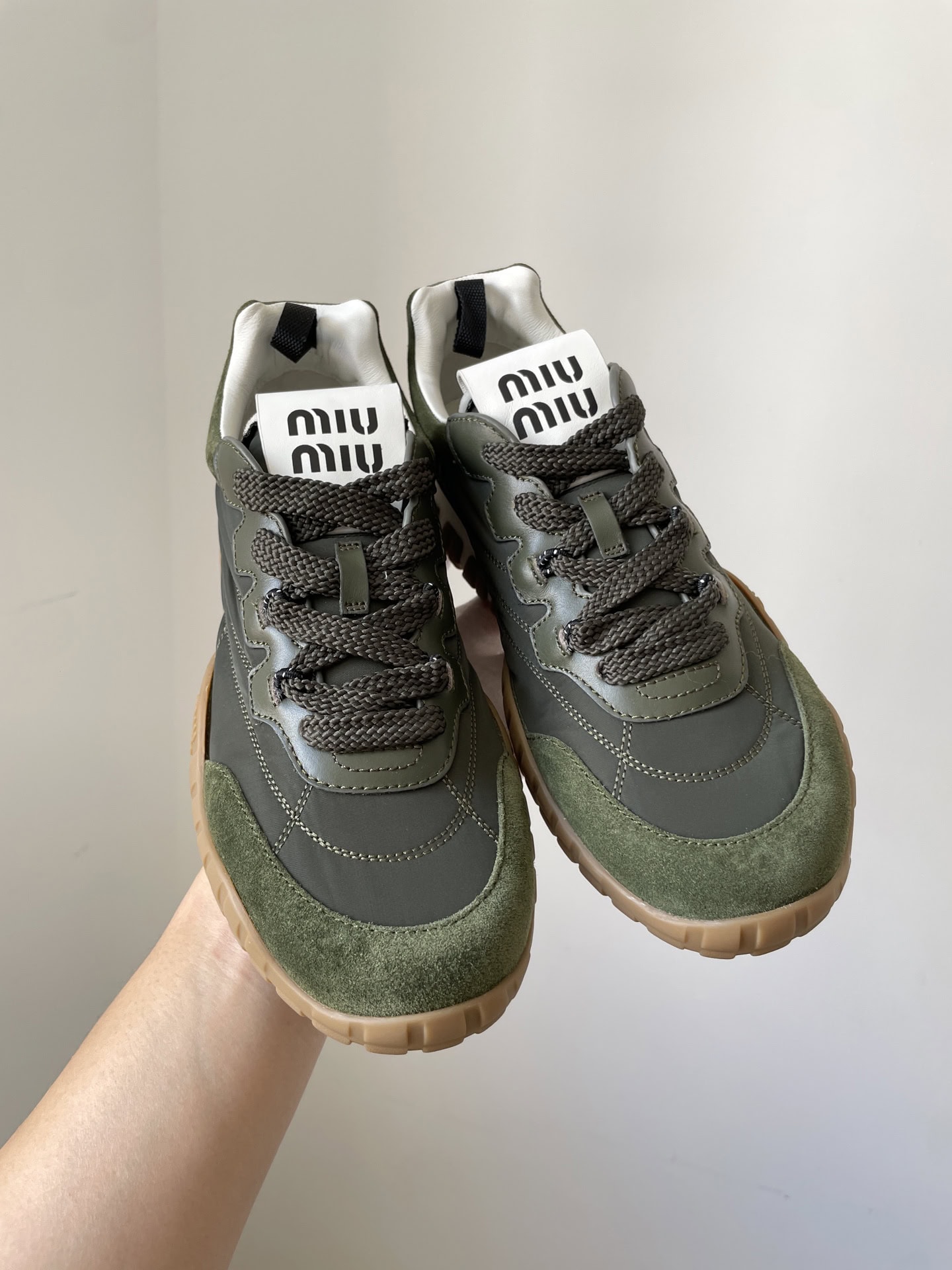 Miu Miu Tyre Fabric Suede Lace-Up Trainers Women Army Green - Image 4