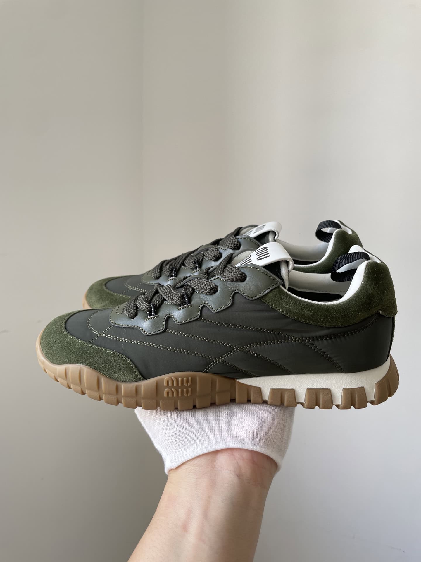 Miu Miu Tyre Fabric Suede Lace-Up Trainers Women Army Green - Image 5