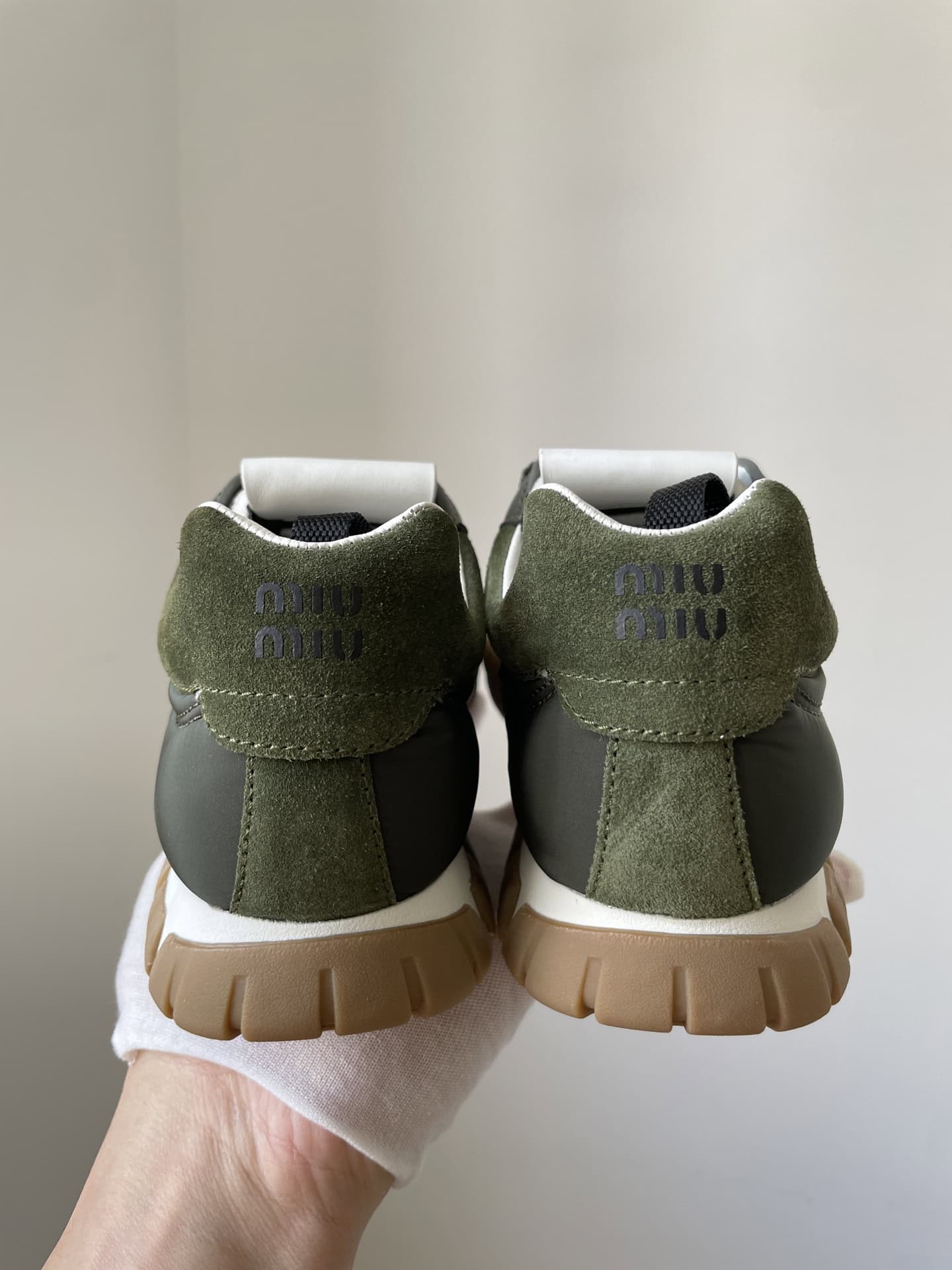 Miu Miu Tyre Fabric Suede Lace-Up Trainers Women Army Green - Image 6