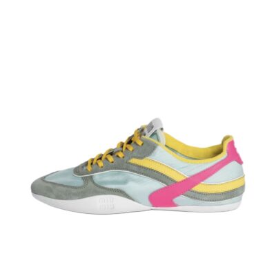 Miu Miu Gymnasium Fabric Suede Color Strap Lace-Up Trainers Women Yellow Green