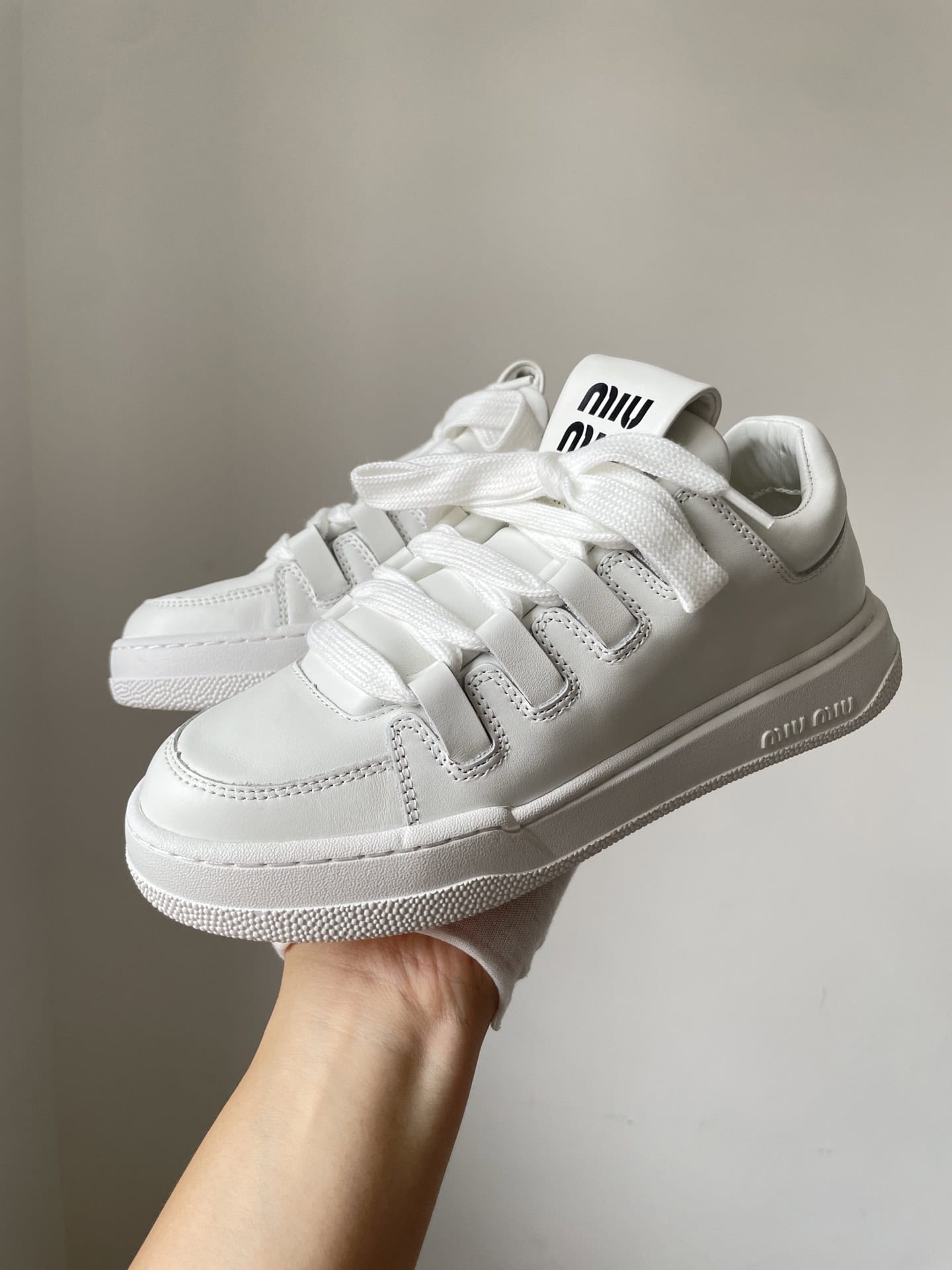 Miu Miu Leather Minimalist Lace-Up Low-Top Sneakers Women White - Image 2