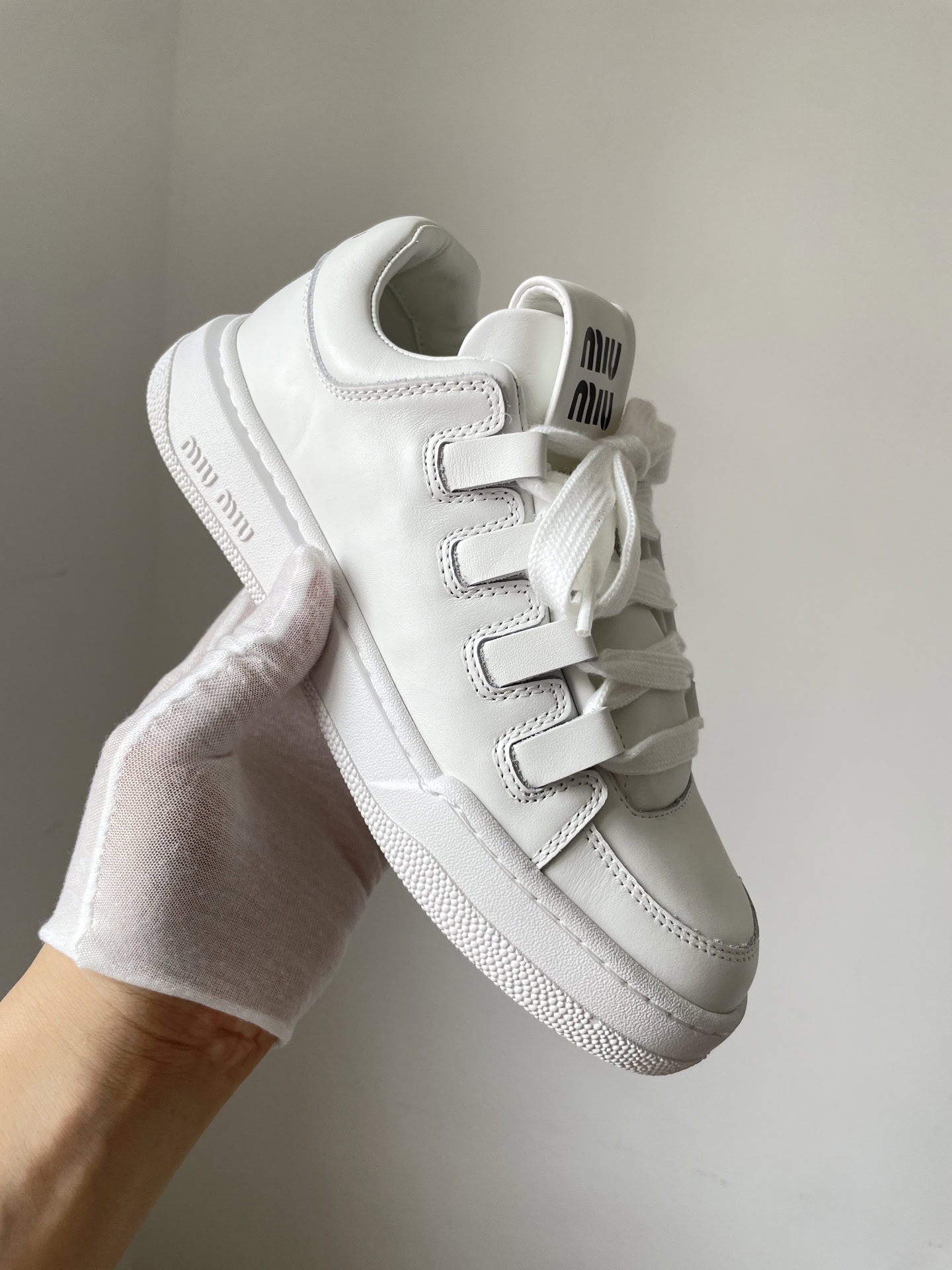 Miu Miu Leather Minimalist Lace-Up Low-Top Sneakers Women White - Image 3