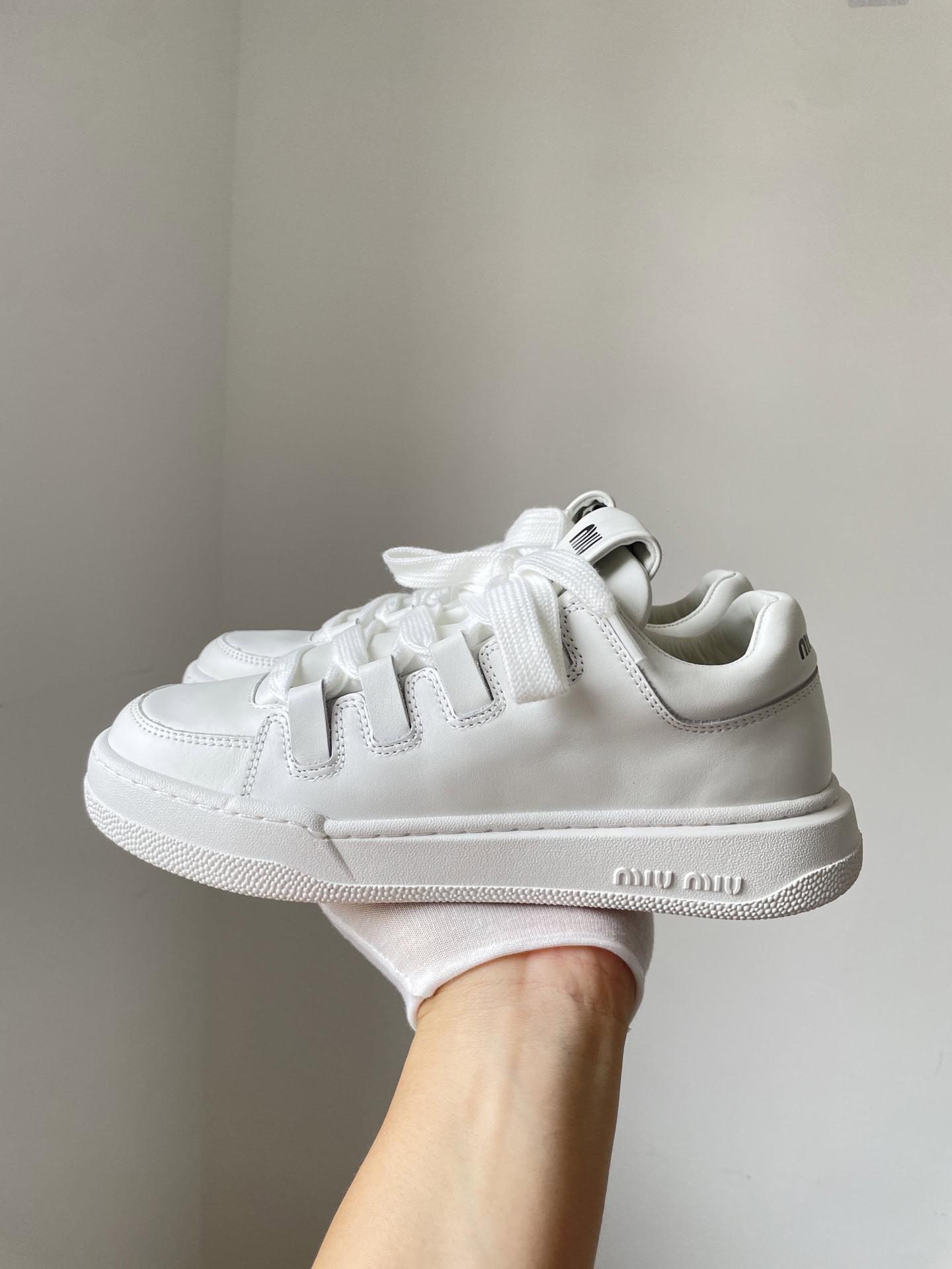 Miu Miu Leather Minimalist Lace-Up Low-Top Sneakers Women White - Image 4