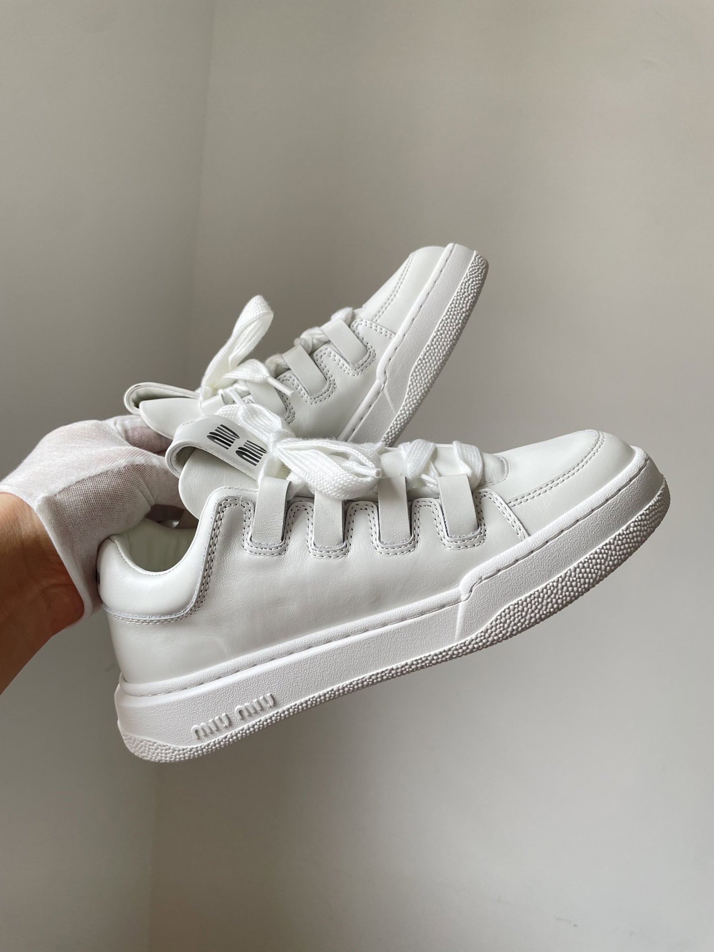 Miu Miu Leather Minimalist Lace-Up Low-Top Sneakers Women White - Image 6