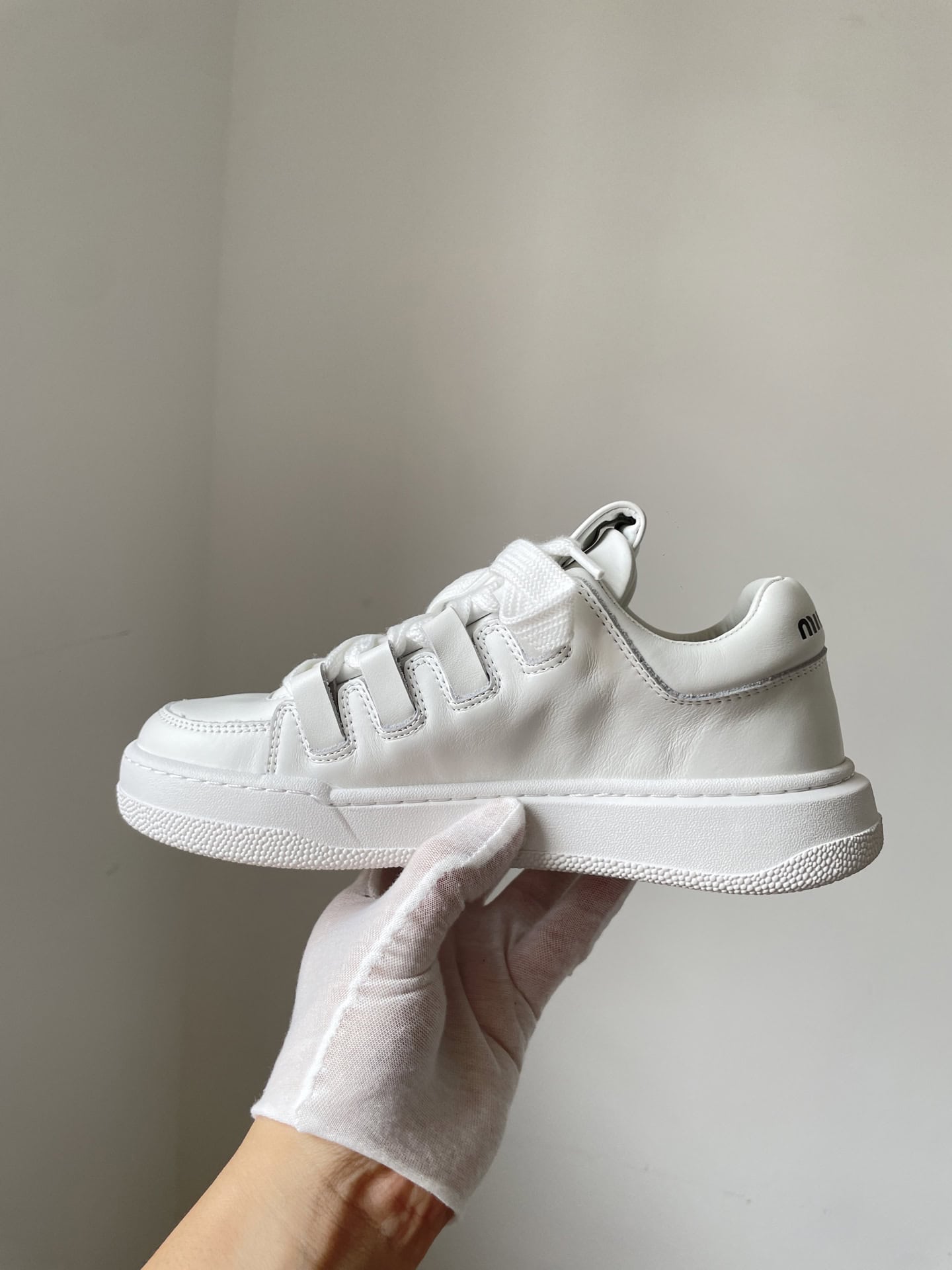 Miu Miu Leather Minimalist Lace-Up Low-Top Sneakers Women White - Image 7