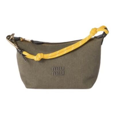 MIU MIU Embroidered Logo Cotton Mini Tote Bag – Olive Green & Yellow