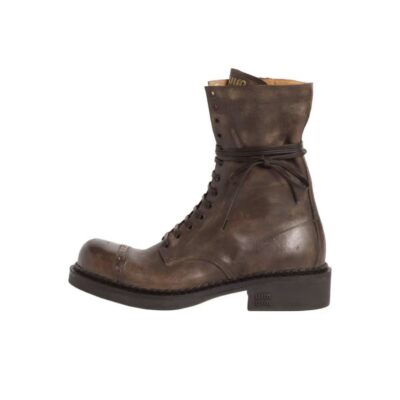 Miu Miu FW24 Calfskin Round Toe Lace-Up Ankle Boots Women Brown