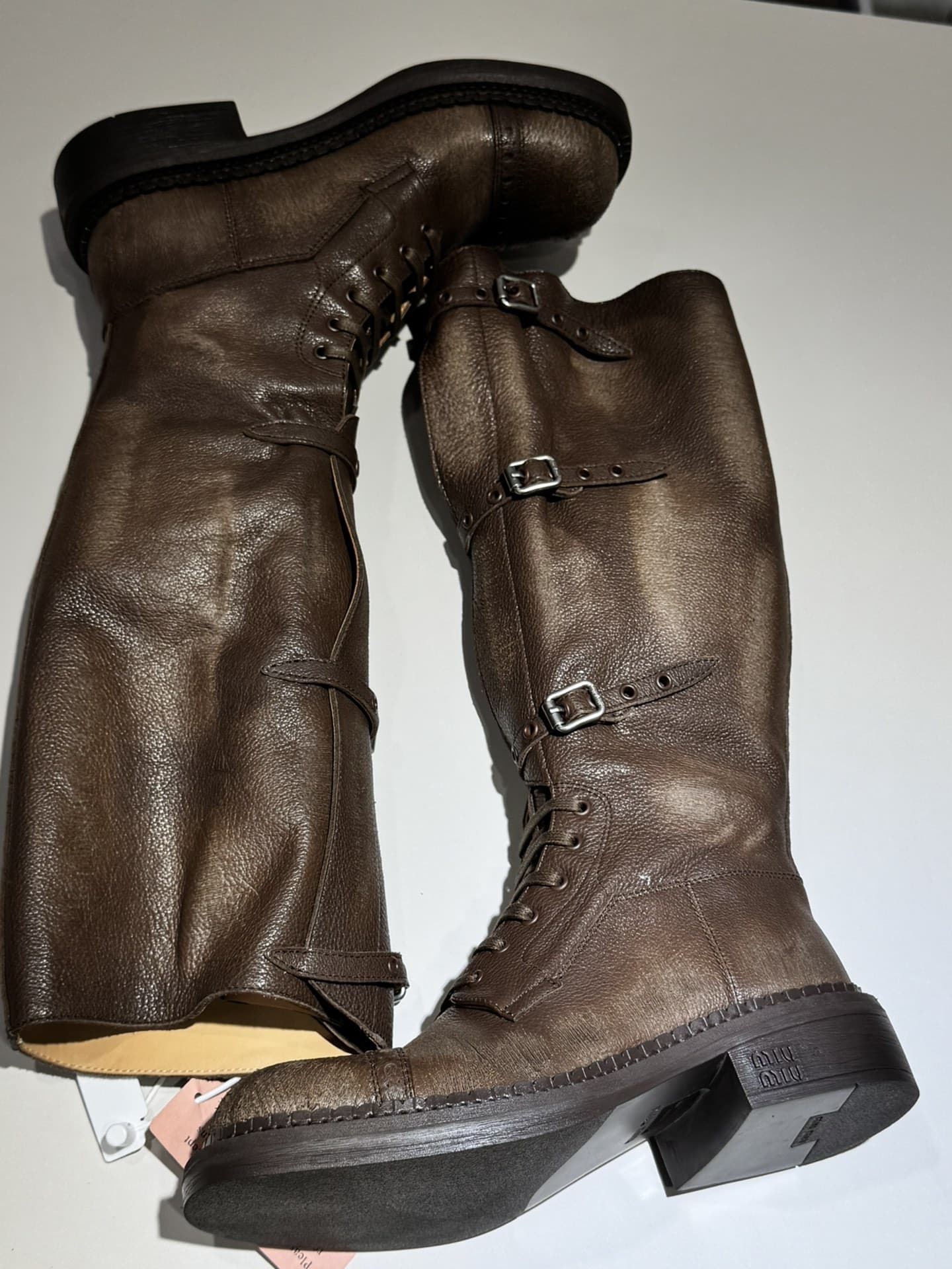 Miu Miu New Year Collection Leather Round Toe Buckle Knee Boots Women Brown - Image 3