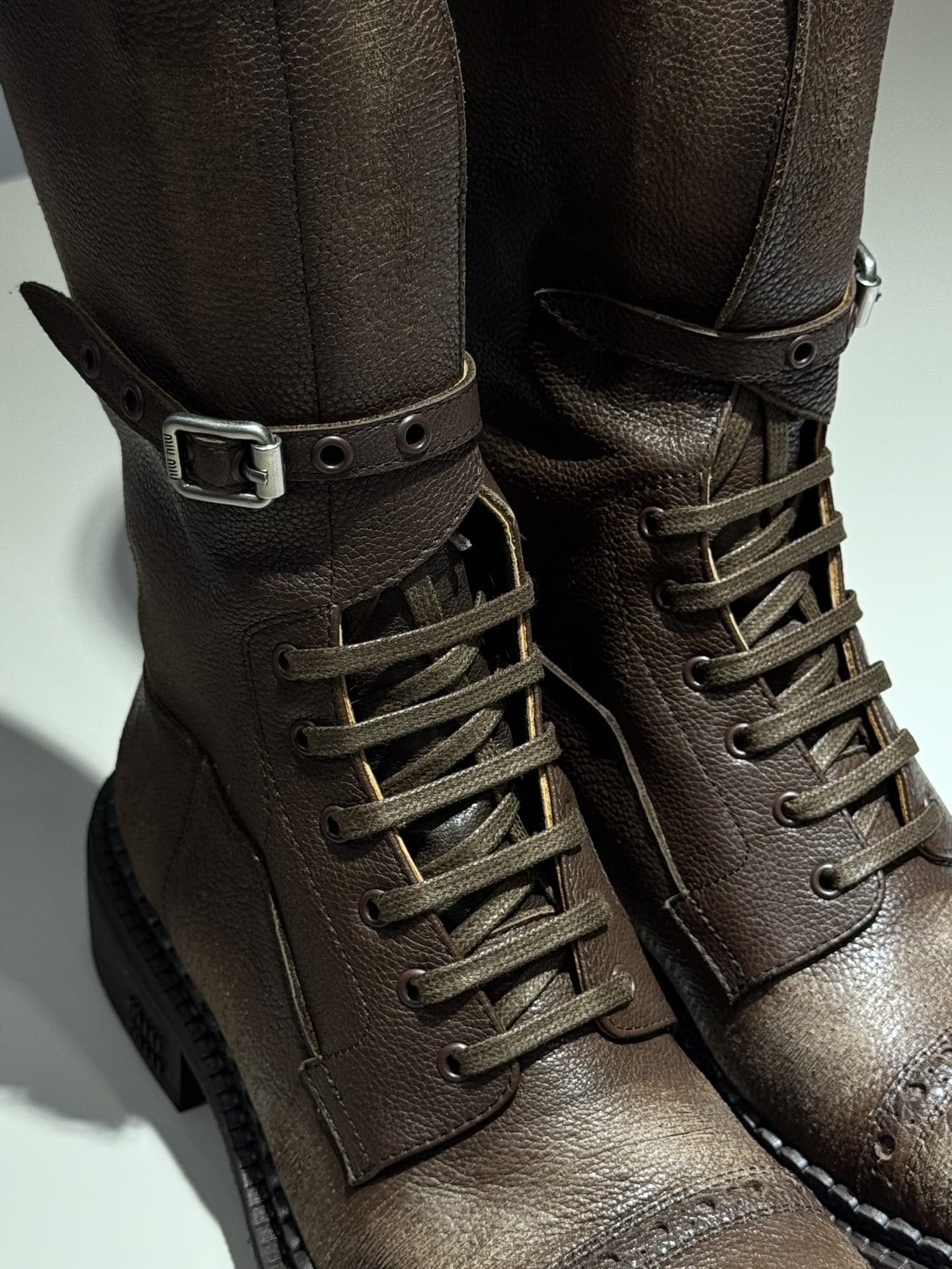 Miu Miu New Year Collection Leather Round Toe Buckle Knee Boots Women Brown - Image 4