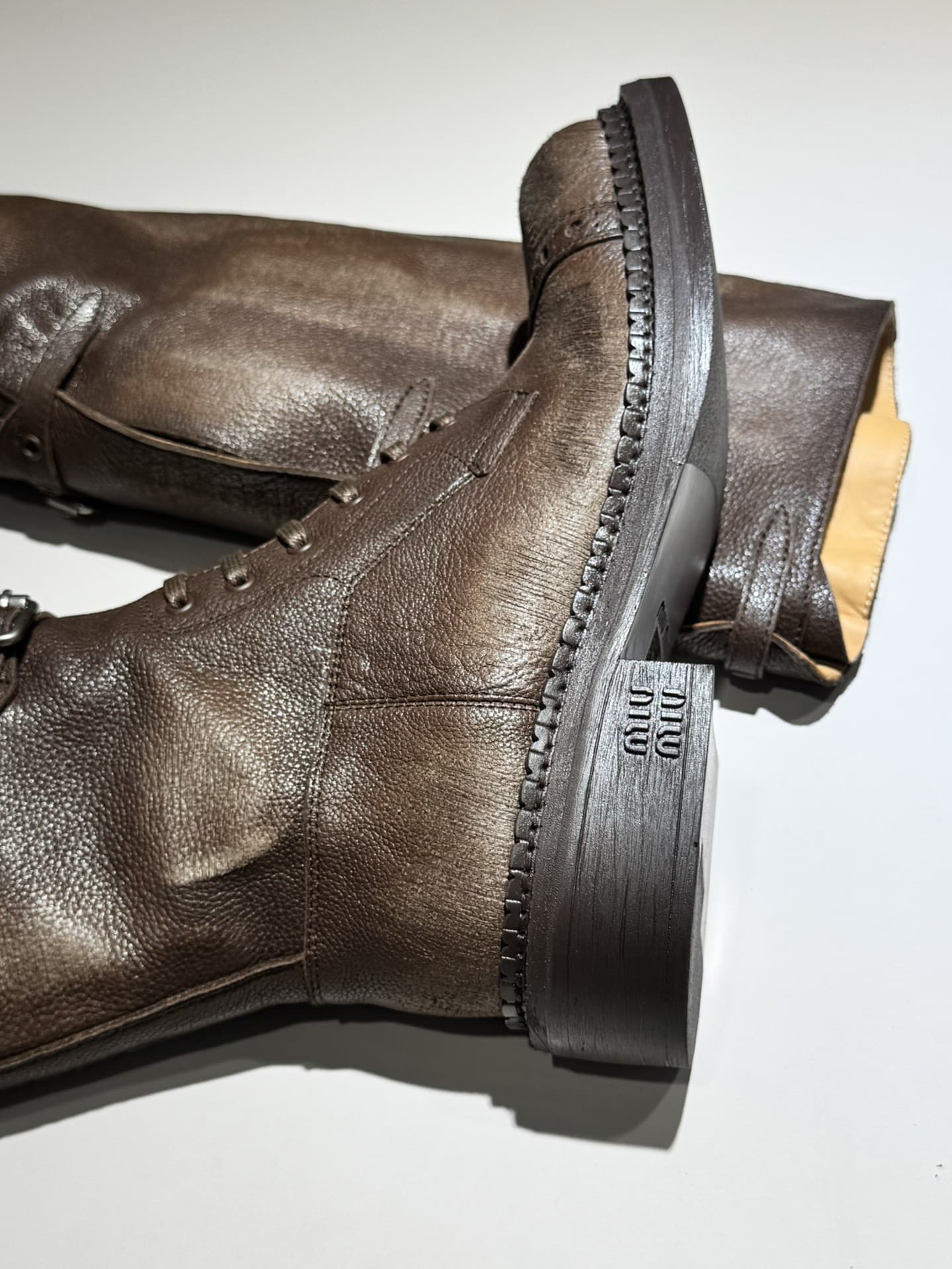 Miu Miu New Year Collection Leather Round Toe Buckle Knee Boots Women Brown - Image 7