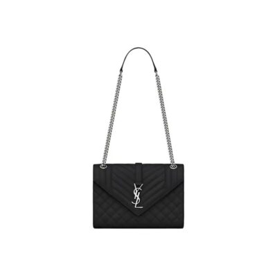 SAINT LAURENT YSL Silver Logo Chain Grain Leather Envelope Bag Black
