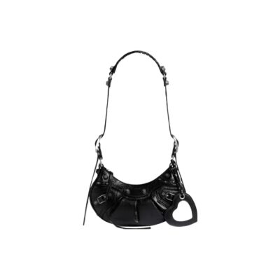 Balenciaga Le Cagole Mini Studded Shoulder Bag with Heart Mirror in Lambskin Leather – Black