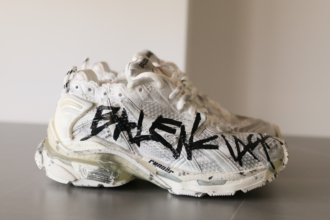 Balenciaga Runner Mesh Lace-Up Low-Top Distressed White Black Sneakers - Image 2