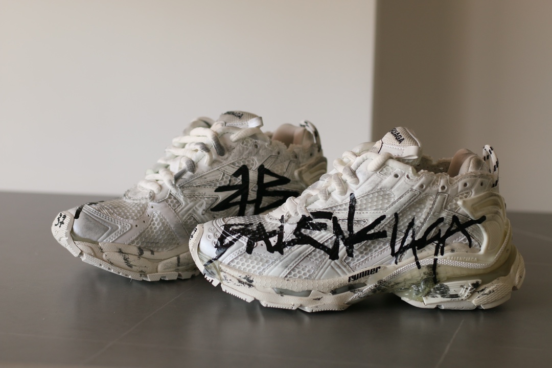 Balenciaga Runner Mesh Lace-Up Low-Top Distressed White Black Sneakers - Image 4