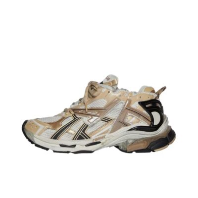 Balenciaga Runner Thick-Soled Low-Top Distressed Beige Gold Sneakers