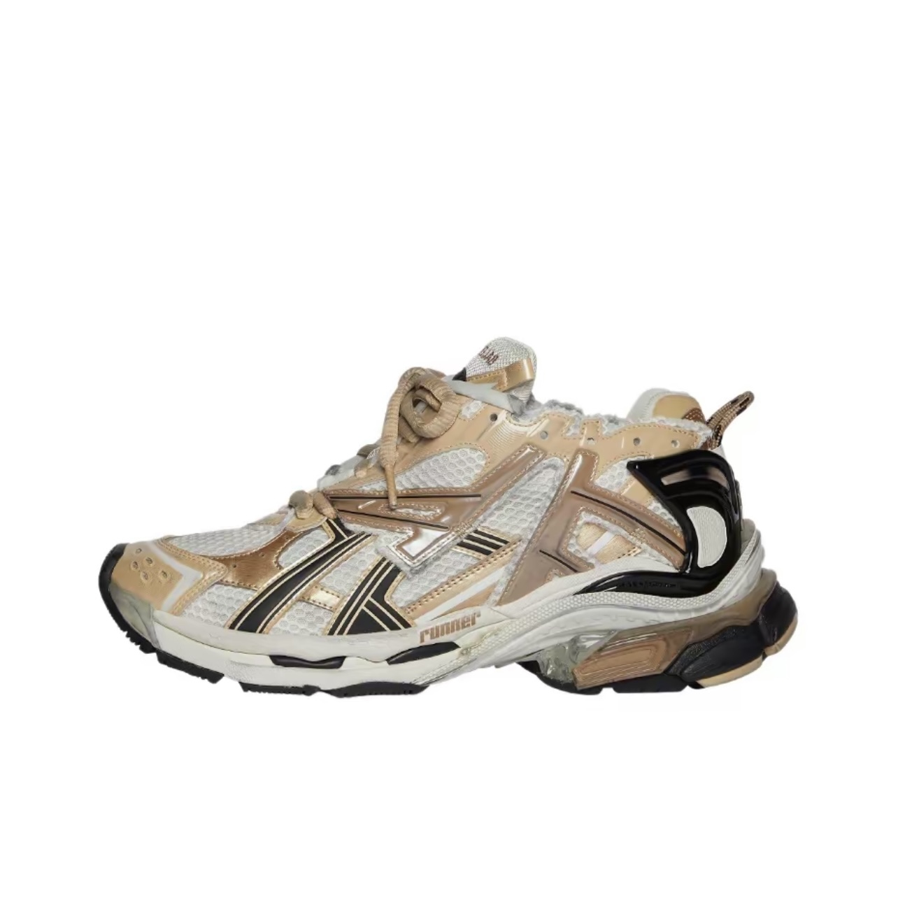 Balenciaga Runner Thick-Soled Low-Top Distressed Beige Gold Sneakers