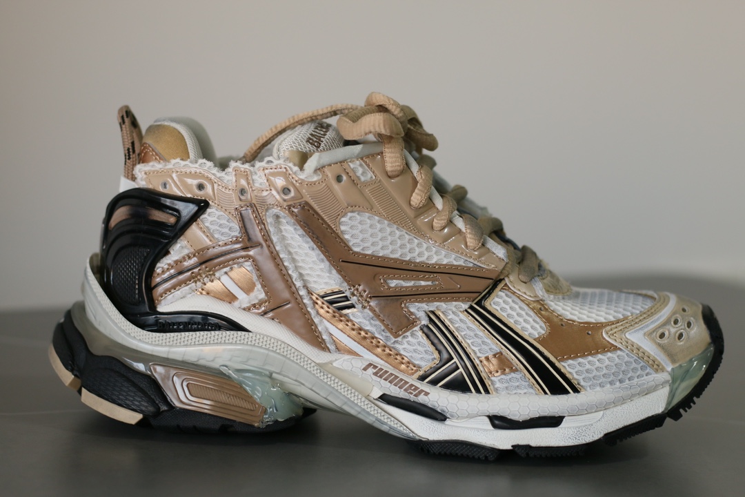 Balenciaga Runner Thick-Soled Low-Top Distressed Beige Gold Sneakers - Image 4