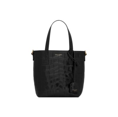 SAINT LAURENT YSL PARIS Mini Croc-Embossed Leather Tote Bag Black