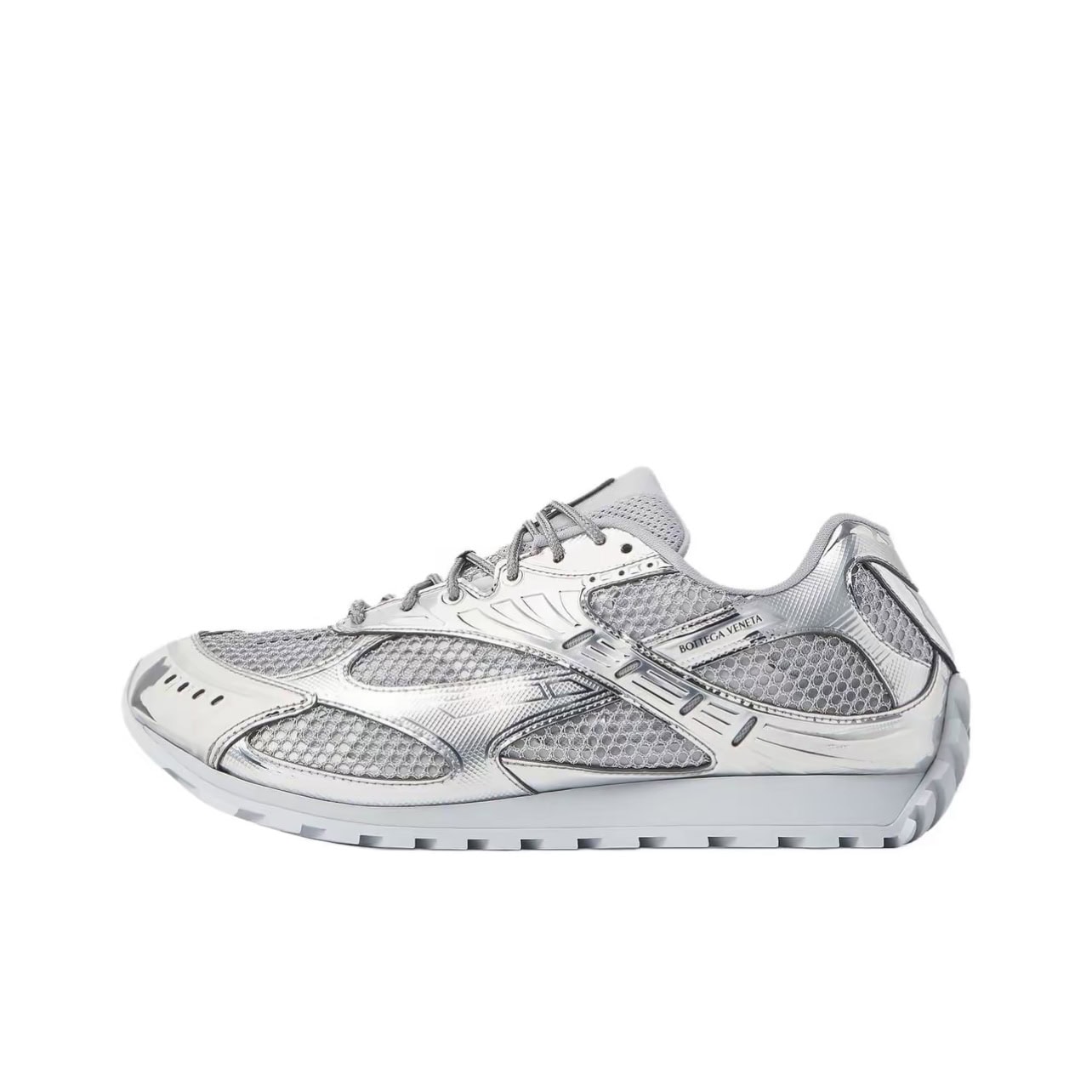 Bottega Veneta Orbit Mesh Round Toe Lace-Up Running Sneakers Unisex Silver White