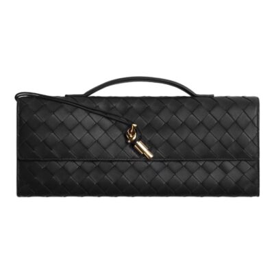 Bottega Veneta Intrecciato Lambskin Clutch Bag with Metal Knot Closure – Black