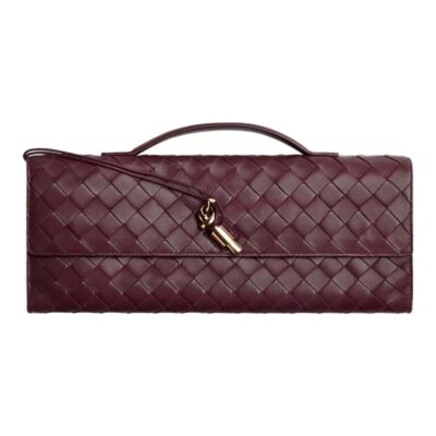 Bottega Veneta Intrecciato Lambskin Clutch Bag with Metal Knot Closure – Burgundy