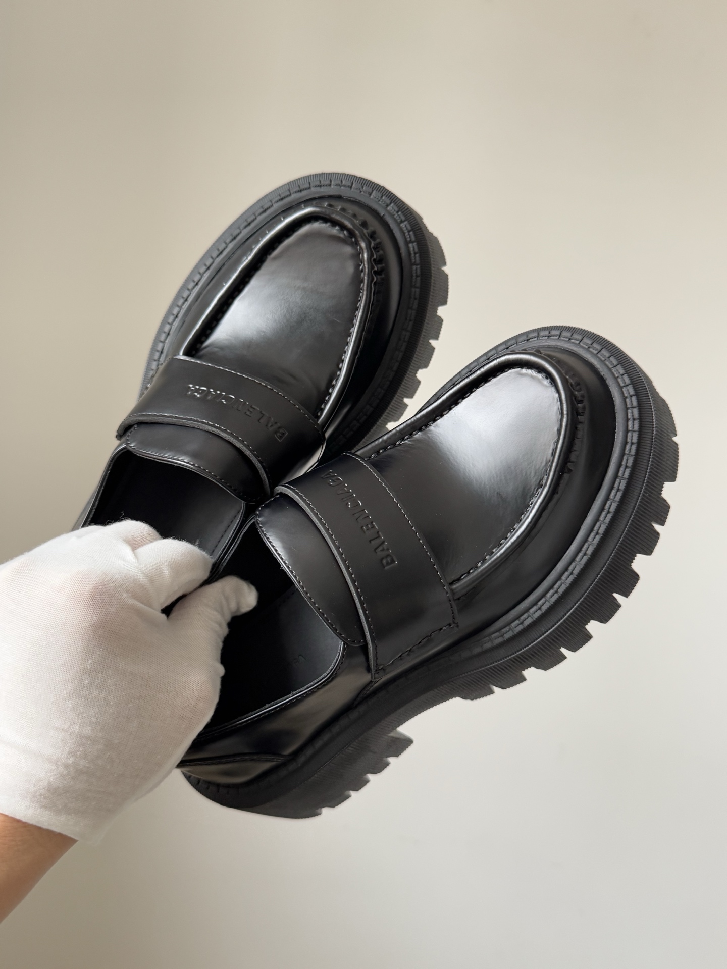 Balenciaga Tractor Calfskin, Leather Round-Toe Black Loafers - Image 7