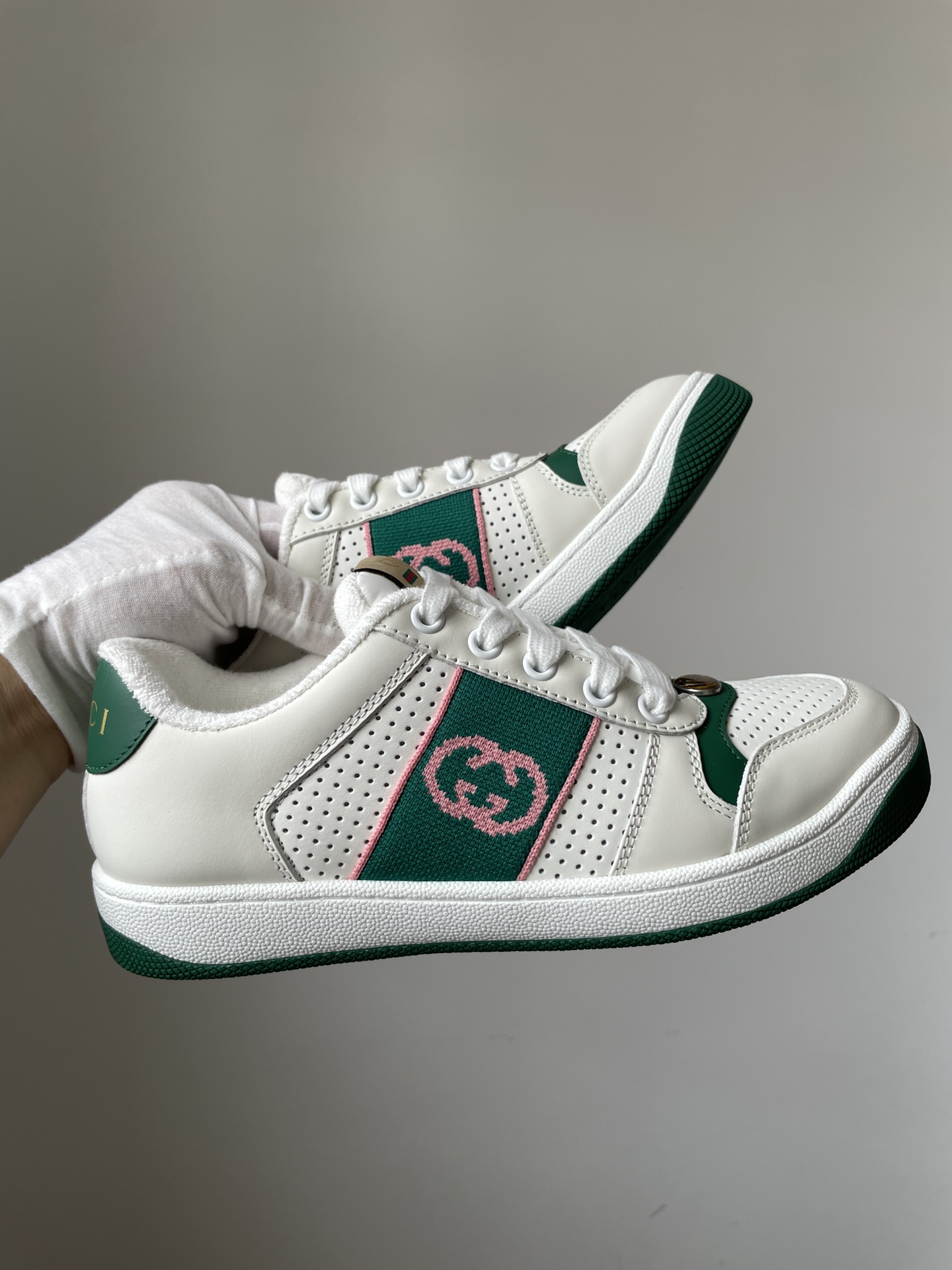 Gucci Screener Leather Low-Top Sneakers Men White Green - Image 2