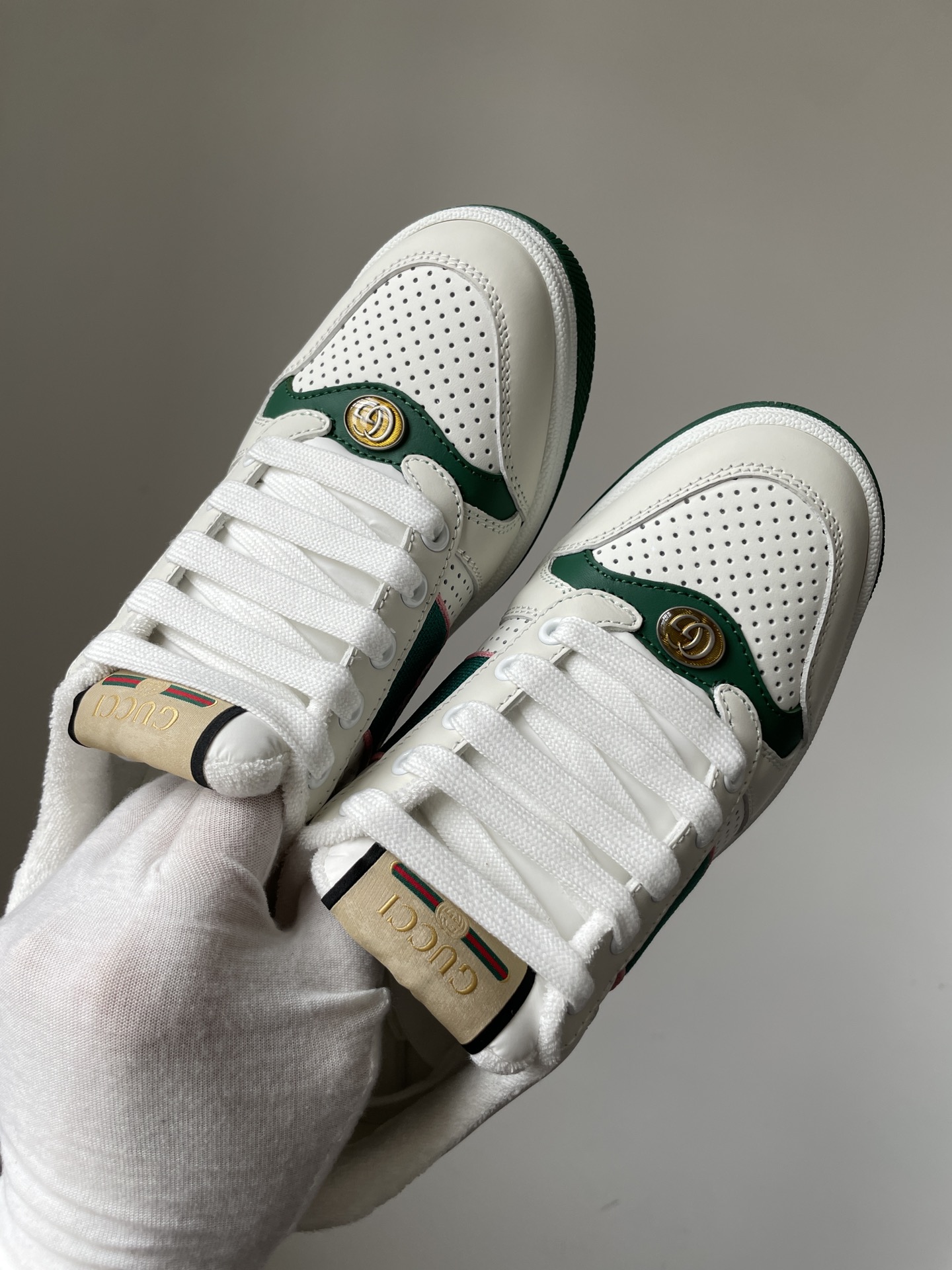 Gucci Screener Leather Low-Top Sneakers Men White Green - Image 3