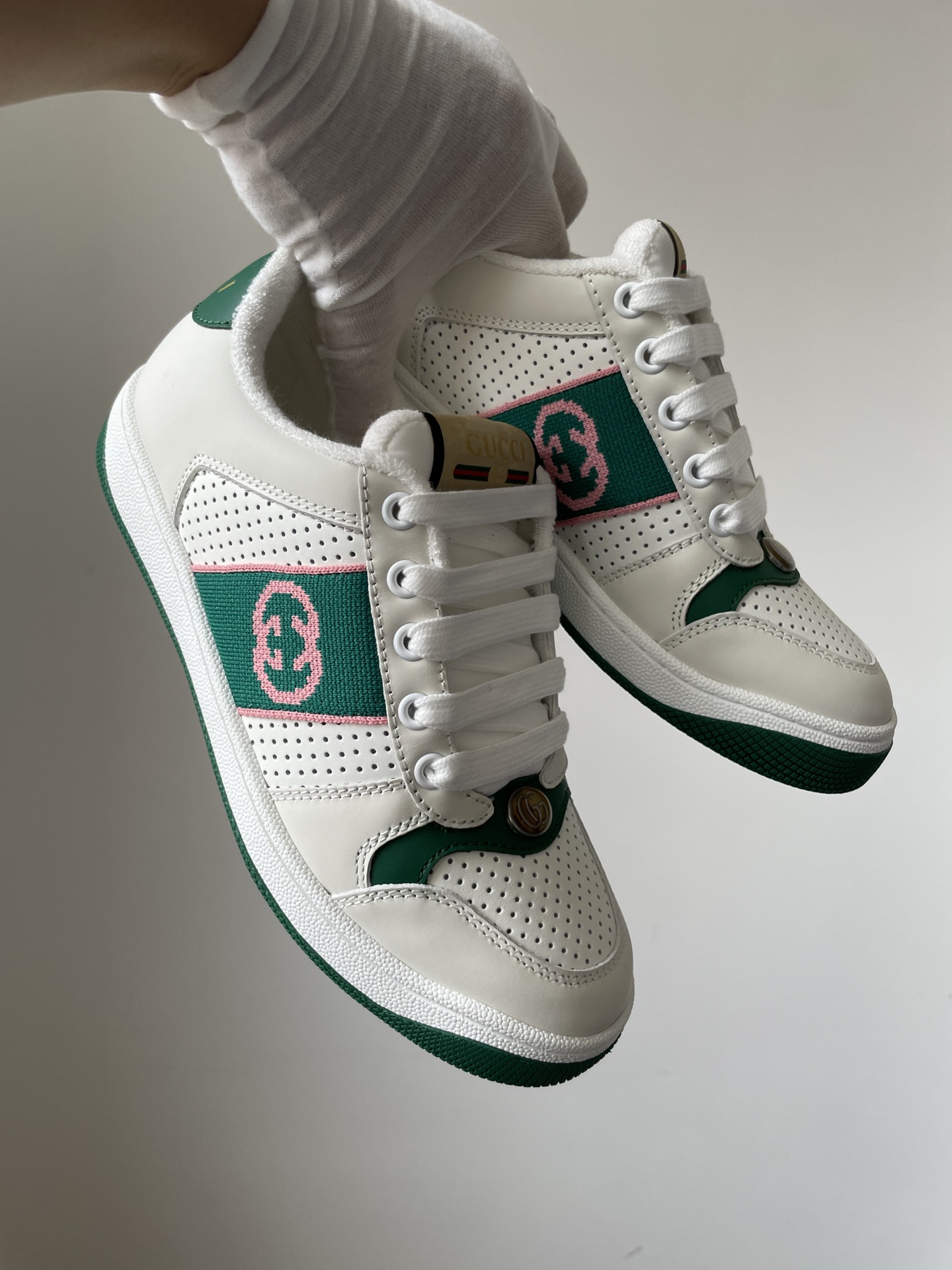 Gucci Screener Leather Low-Top Sneakers Men White Green - Image 4