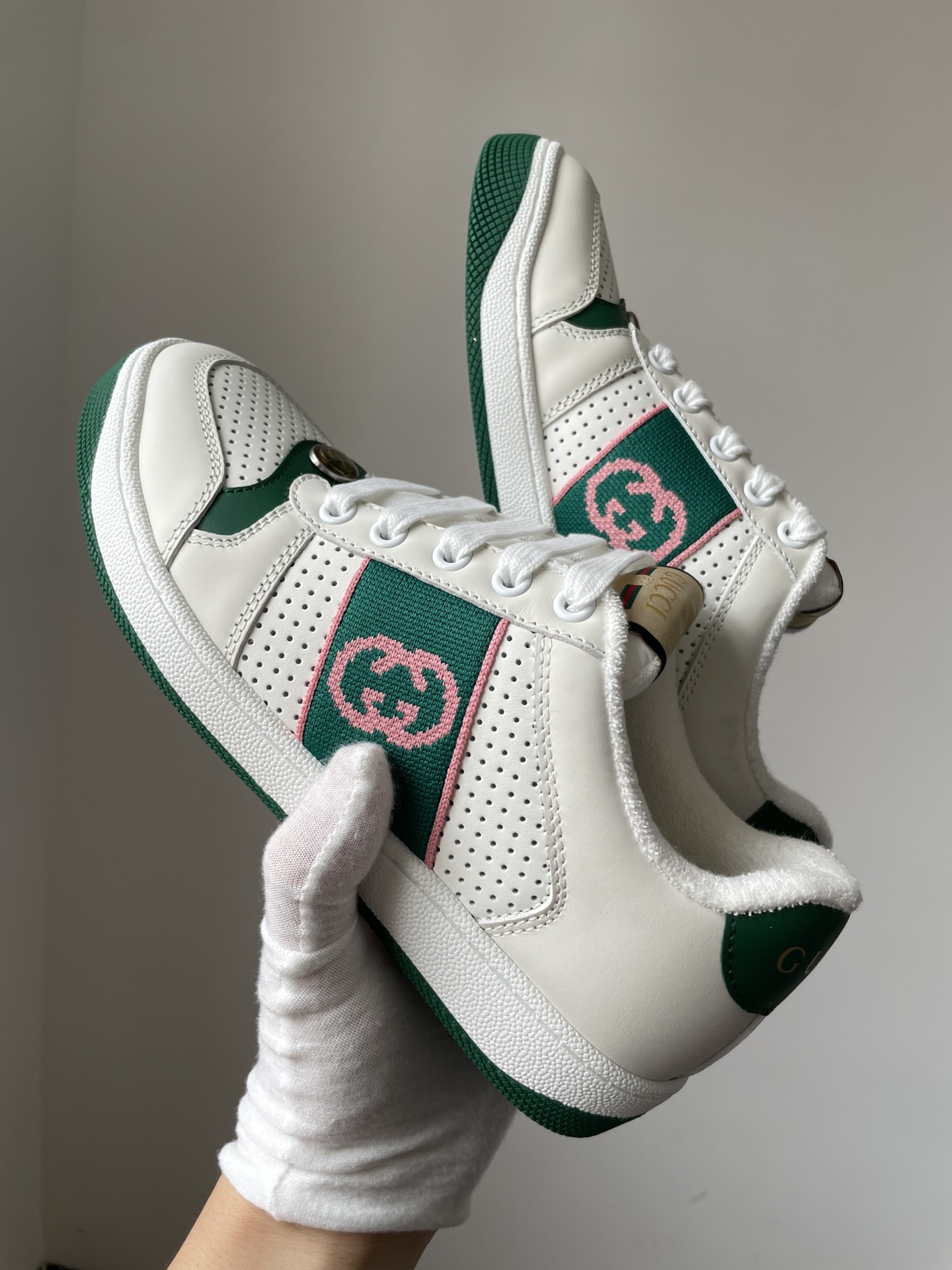 Gucci Screener Leather Low-Top Sneakers Men White Green - Image 6