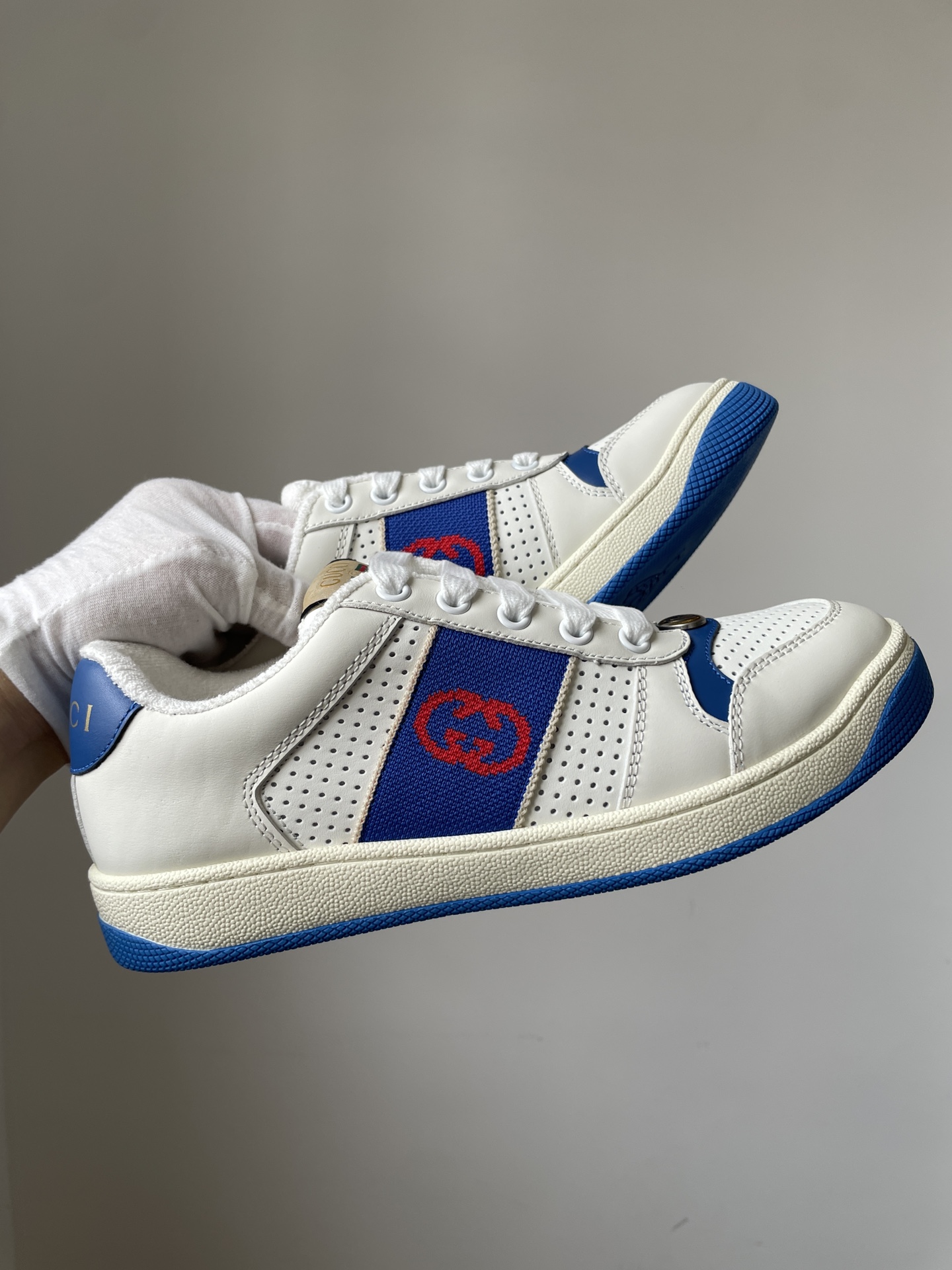 Gucci Screener Leather Platform Lace-Up Sneakers Men White Blue - Image 2