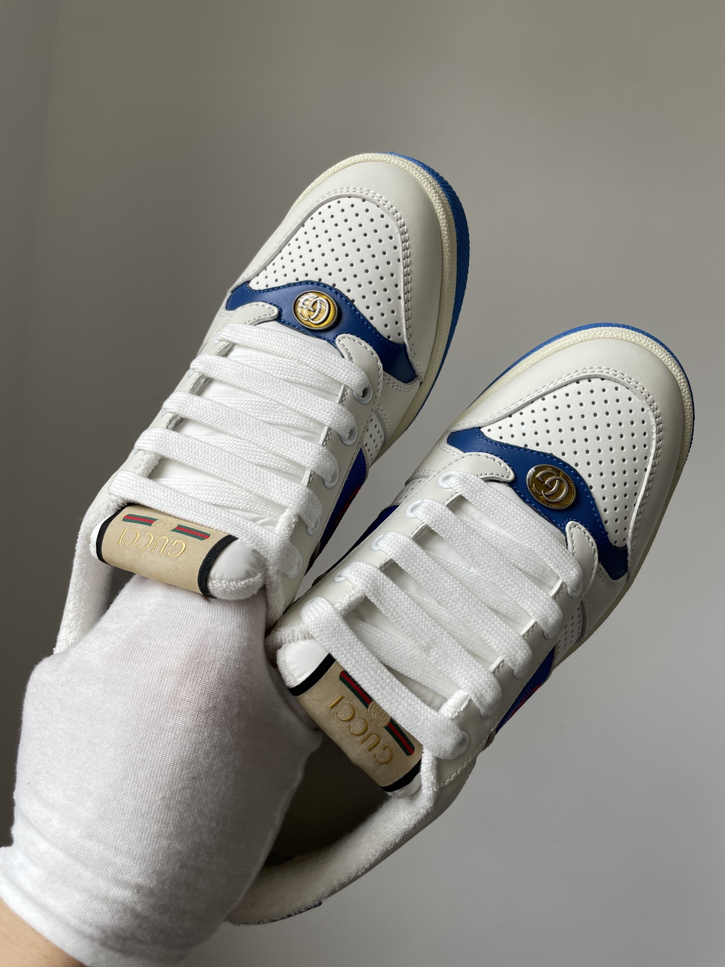 Gucci Screener Leather Platform Lace-Up Sneakers Men White Blue - Image 3