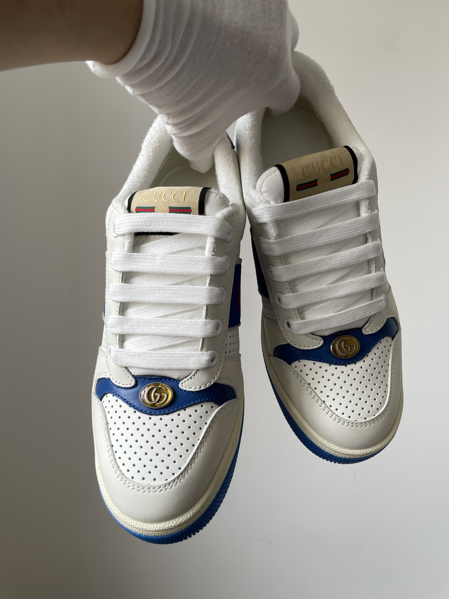 Gucci Screener Leather Platform Lace-Up Sneakers Men White Blue - Image 4