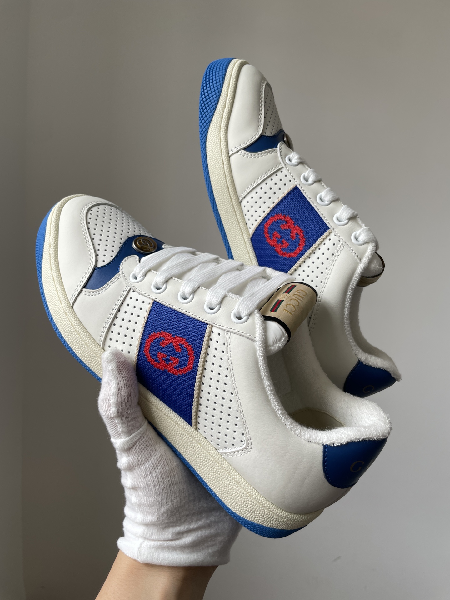 Gucci Screener Leather Platform Lace-Up Sneakers Men White Blue - Image 6