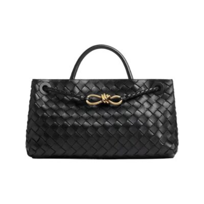 Bottega Veneta Andiamo Small Intrecciato Lambskin Top Handle Bag with Magnetic Closure – Black