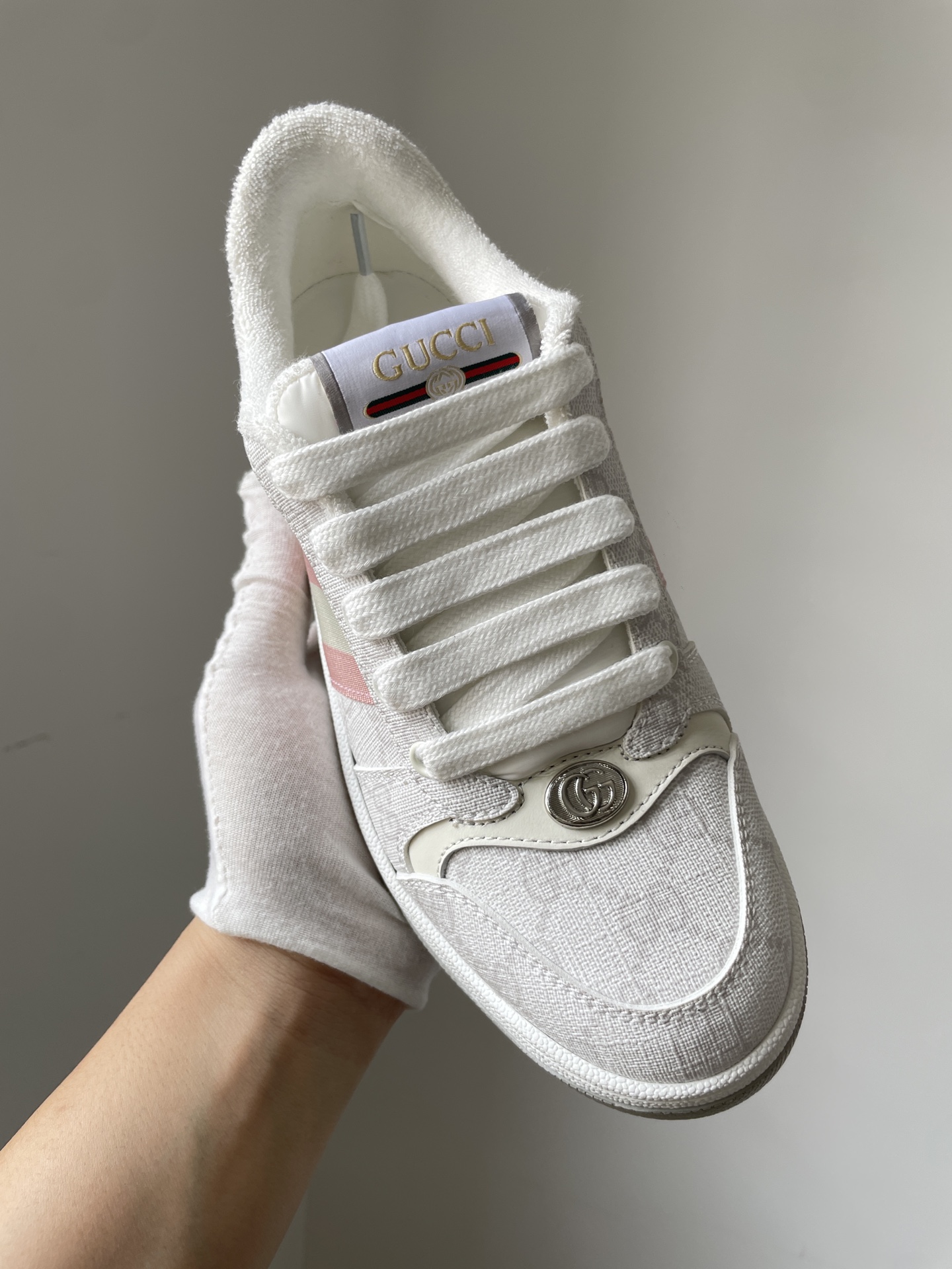 Gucci Screener Round Toe Lace-Up Sneakers Women Light Gray - Image 3