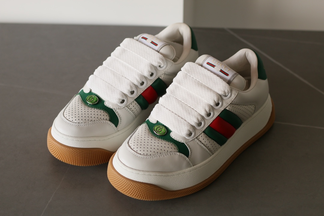 Gucci Screener Leather Lace-Up Sneakers Unisex White - Image 5