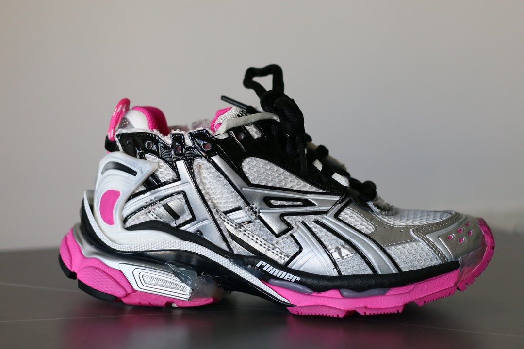 Balenciaga Runner Leather Round-Toe Lace-Up Low-Top Silver Gray Sneakers for Women - Image 5