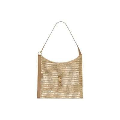 SAINT LAURENT YSL OXALIS Raffia and Leather Tote Bag Natural Brown
