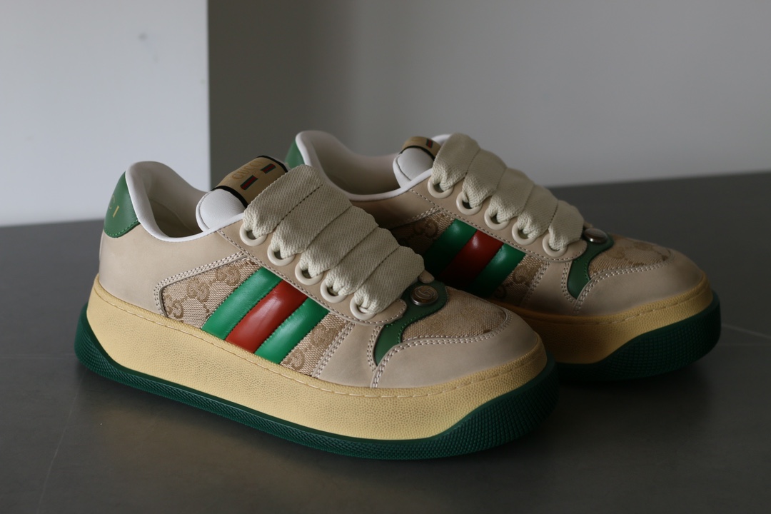 Gucci Screener Leather Lace-Up Sneakers Unisex Green - Image 3
