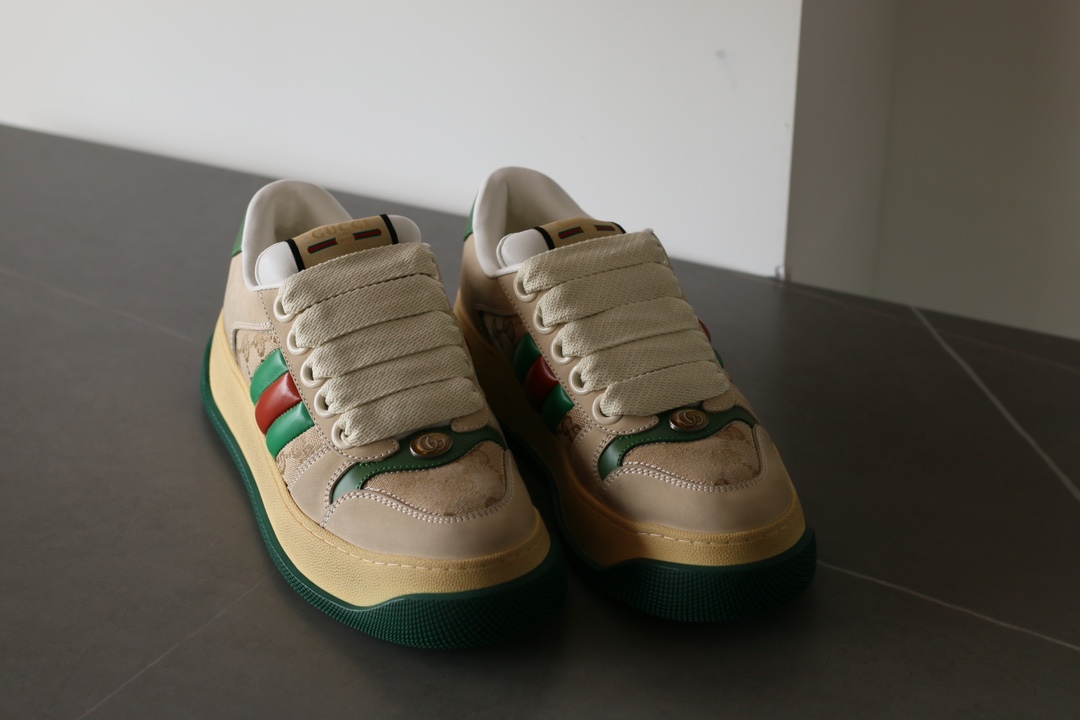 Gucci Screener Leather Lace-Up Sneakers Unisex Green - Image 4